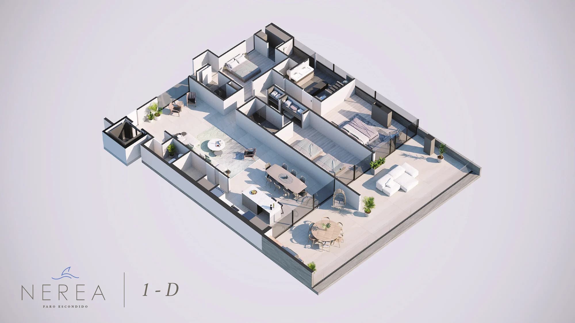 Isometric floor plan of the Nerea apartment, unit 1-D